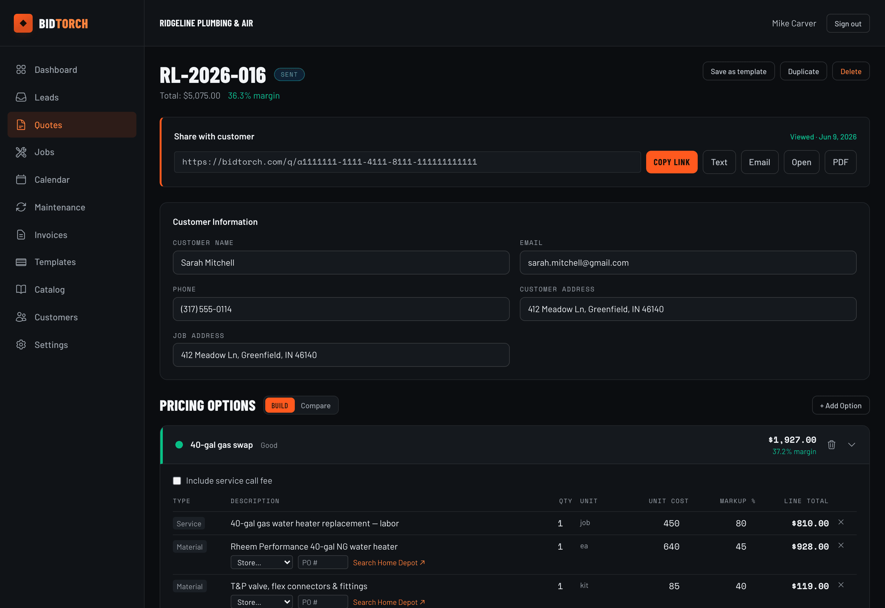 BidTorch quote builder — Good/Better/Best pricing options with line items, costs and margins