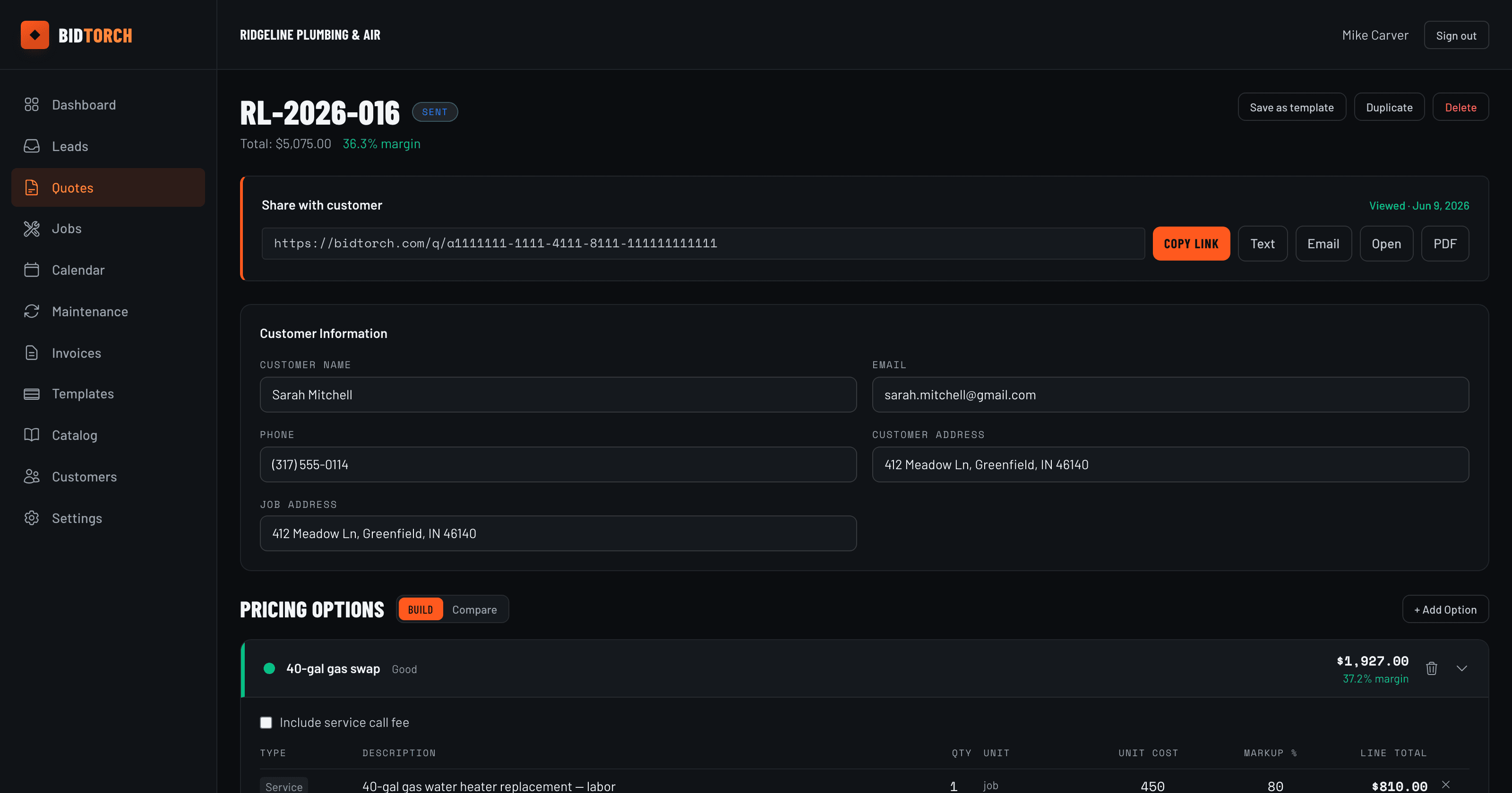 BidTorch estimate builder with tiered pricing options and line items