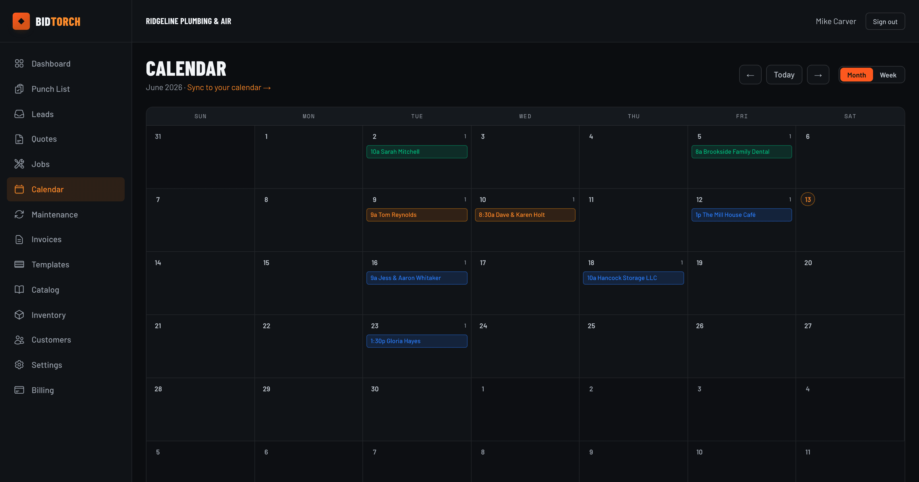 BidTorch month calendar with scheduled jobs