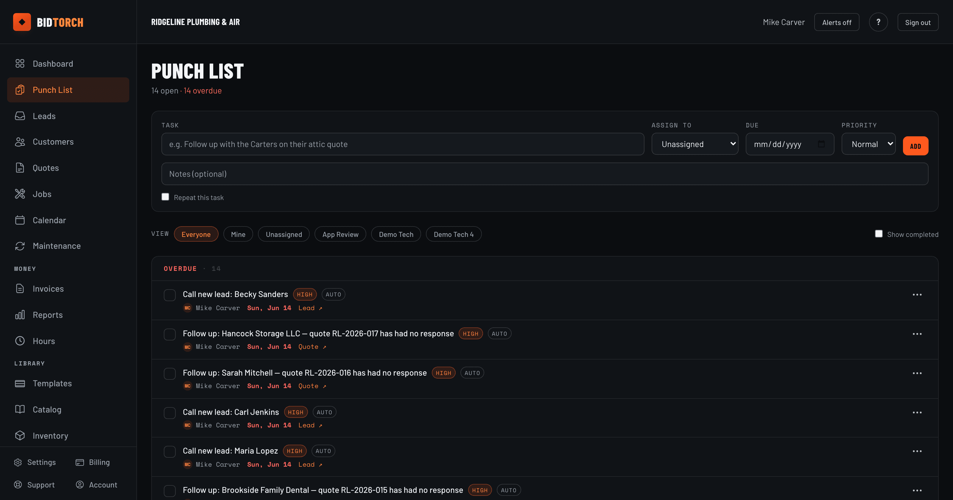 BidTorch punch list with automatic follow-up tasks for quiet quotes, uninvoiced jobs and overdue invoices