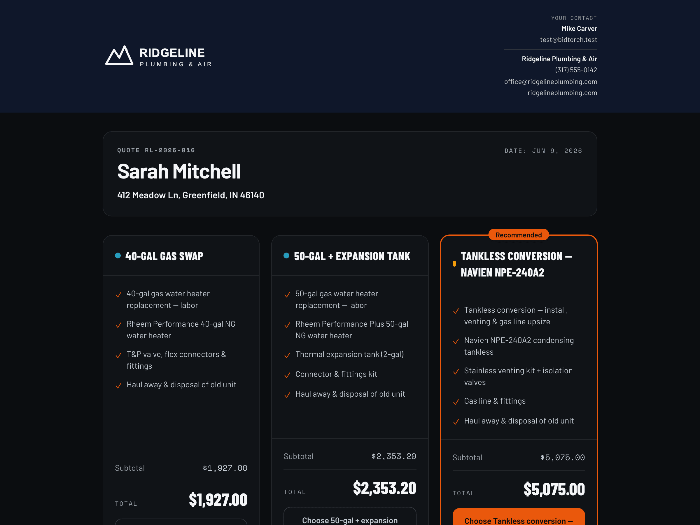 Customer view of a branded BidTorch estimate with three pricing options